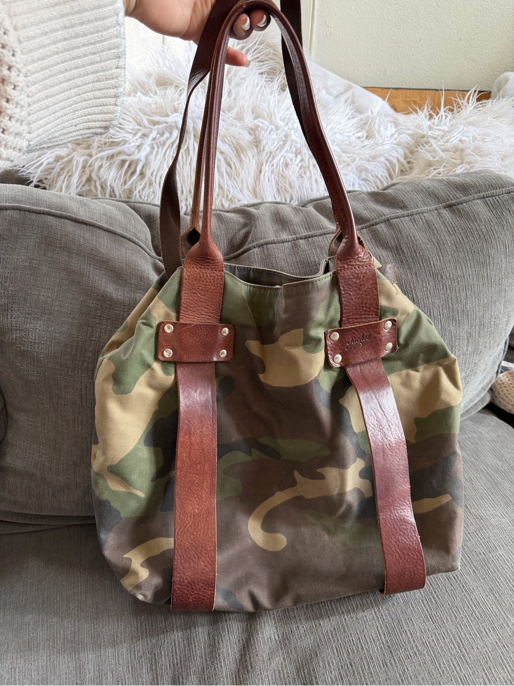 Rare sachet Italian Canvas Camouflage Tote Bag with Brown Leather Straps